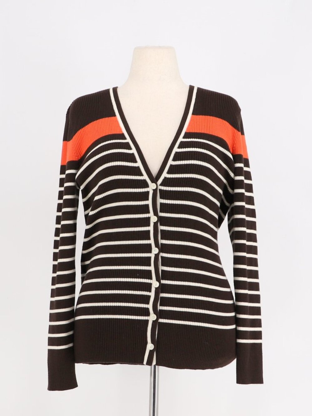 LAUREN RALPH LAUREN Brown Stripe Ribbed Cardigan Sweater Size XL